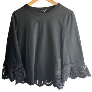 Sugar +Lips Black Eyelet Top Bell Sleeve‎ Cotton Small Chic Goth Casual NWOT